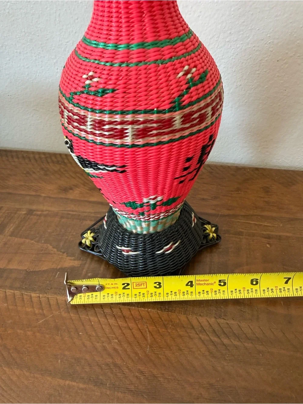Vintage 1960s Chinese Scoubidou Woven Plastic Covered Glass Vase Bird 10” Kitsch